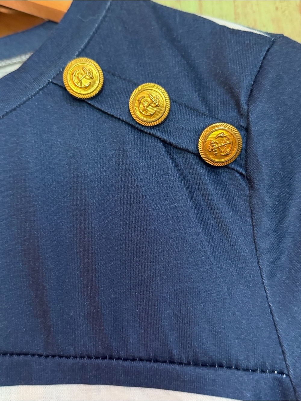 Women's Navy & White Striped Short Sleeve Tee with Gold Buttons - Picture 3 of 3